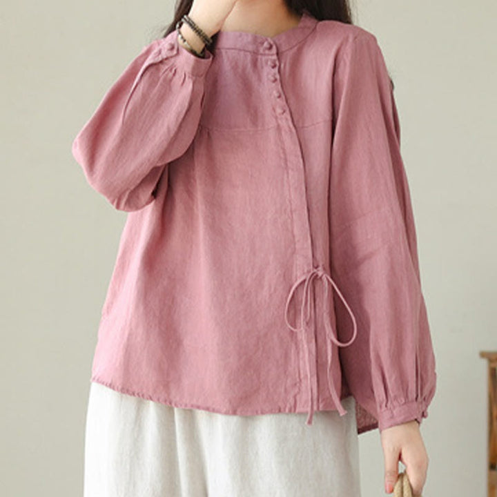 Koszula damska Buddha Stones Fall Casual Solid Color Stand Collar z długim rękawem Cotton Linen - image 25