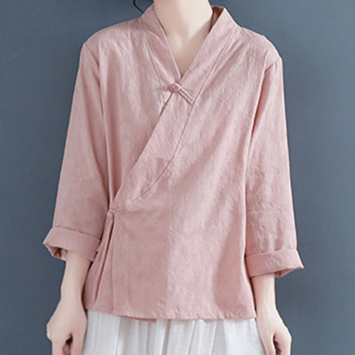 Buddha Stones Koszula damska z długim rękawem i guzikami w jednolitym kolorze, z bawełny i lnu Zen - image 6