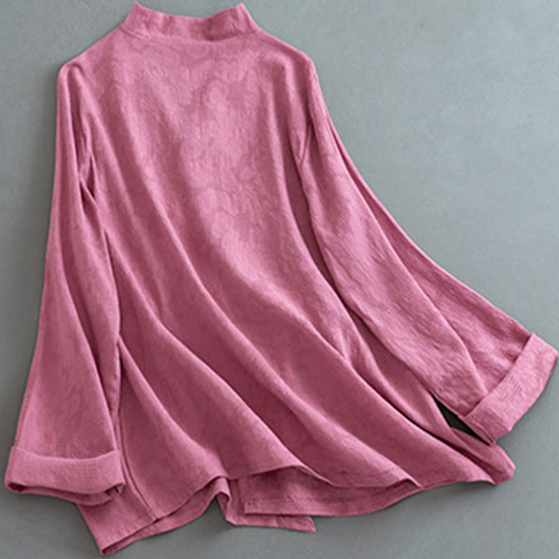 Buddha Stones Koszula damska z długim rękawem i guzikami w jednolitym kolorze, z bawełny i lnu Zen - image 11