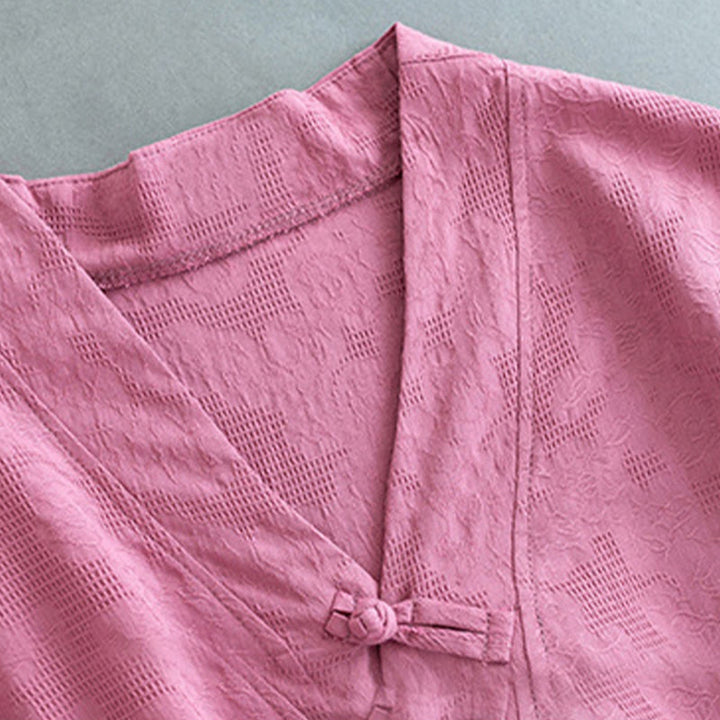 Buddha Stones Koszula damska z długim rękawem i guzikami w jednolitym kolorze, z bawełny i lnu Zen - image 13