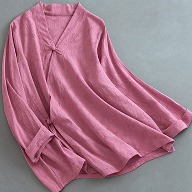 Buddha Stones Koszula damska z długim rękawem i guzikami w jednolitym kolorze, z bawełny i lnu Zen - image 10