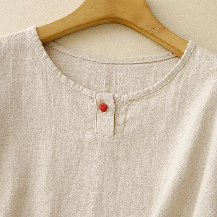 Koszulka damska z okrągłym dekoltem i luźnym półrękawem z bawełny i lnu Buddha Stones