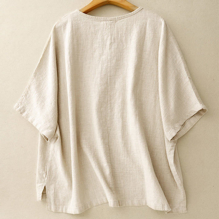 Koszulka damska z okrągłym dekoltem i luźnym półrękawem z bawełny i lnu Buddha Stones