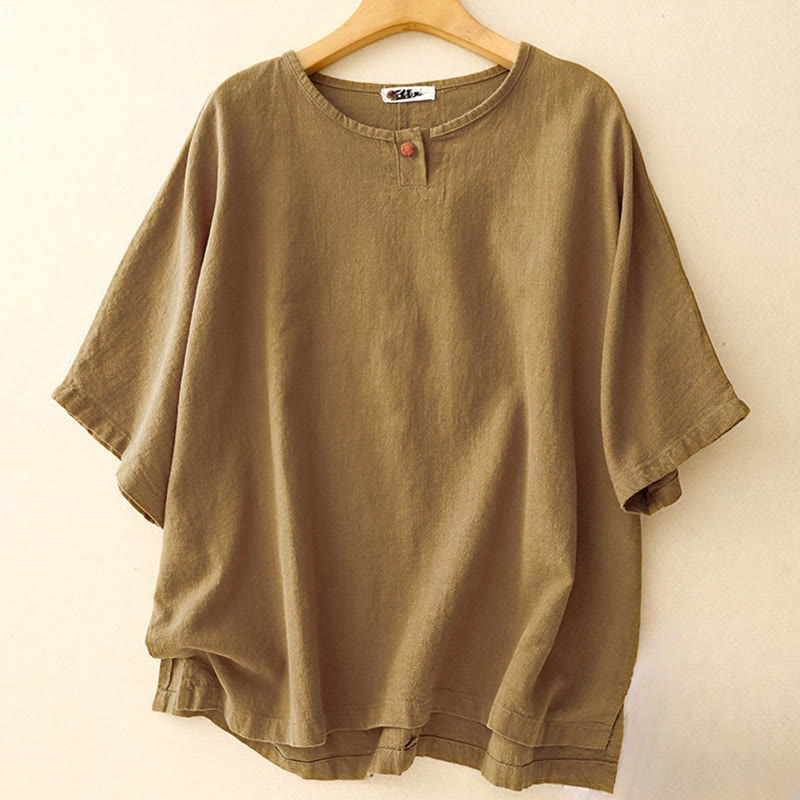 Koszulka damska z okrągłym dekoltem i luźnym półrękawem z bawełny i lnu Buddha Stones