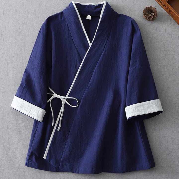 Koszula damska z nadrukiem Buddha Stones , swobodnym krojem, kolorowymi przeszyciami, dekoltem w serek, rękawami trzy czwarte, bawełną i lnem