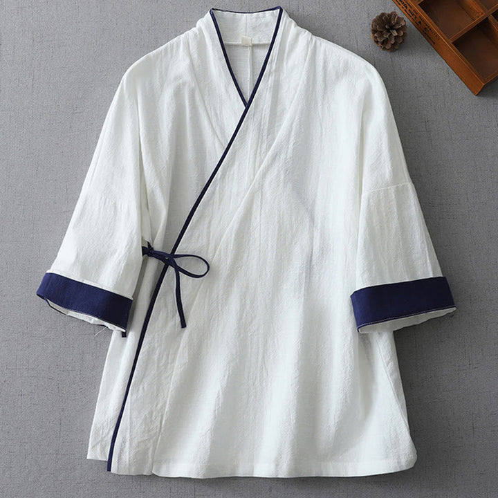 Koszula damska z nadrukiem Buddha Stones , swobodnym krojem, kolorowymi przeszyciami, dekoltem w serek, rękawami trzy czwarte, bawełną i lnem - Biały - US8-10，UK/AU12-14，EU40-42 (2XL) - image 5