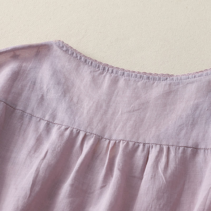 Koszula damska z haftem „Buddha Stones” z dekoltem w serek i krótkim rękawem, wykonana z bawełny i lnu