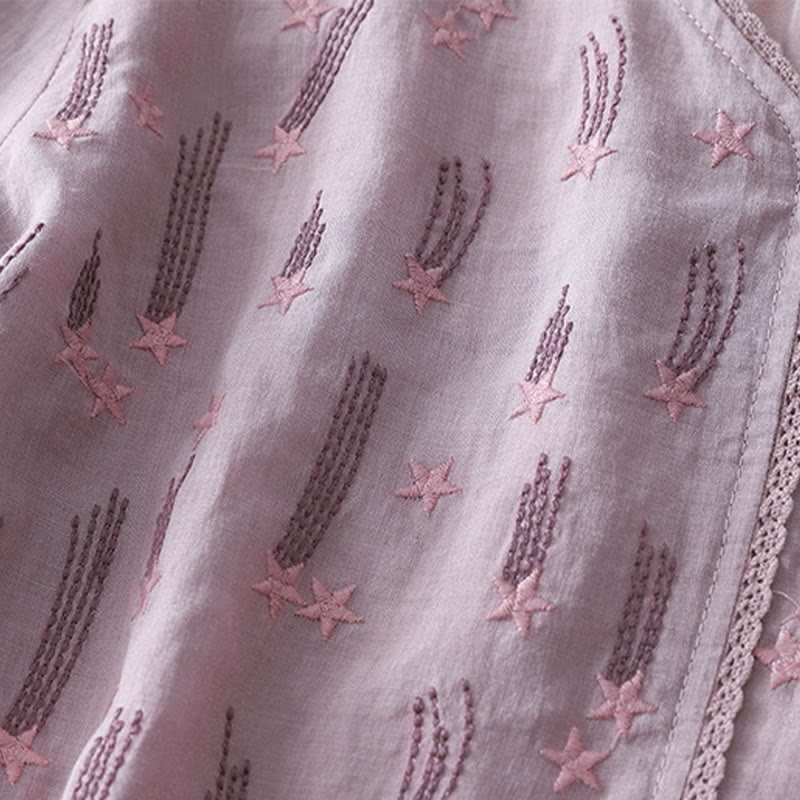 Koszula damska z haftem „Buddha Stones” z dekoltem w serek i krótkim rękawem, wykonana z bawełny i lnu - image 5