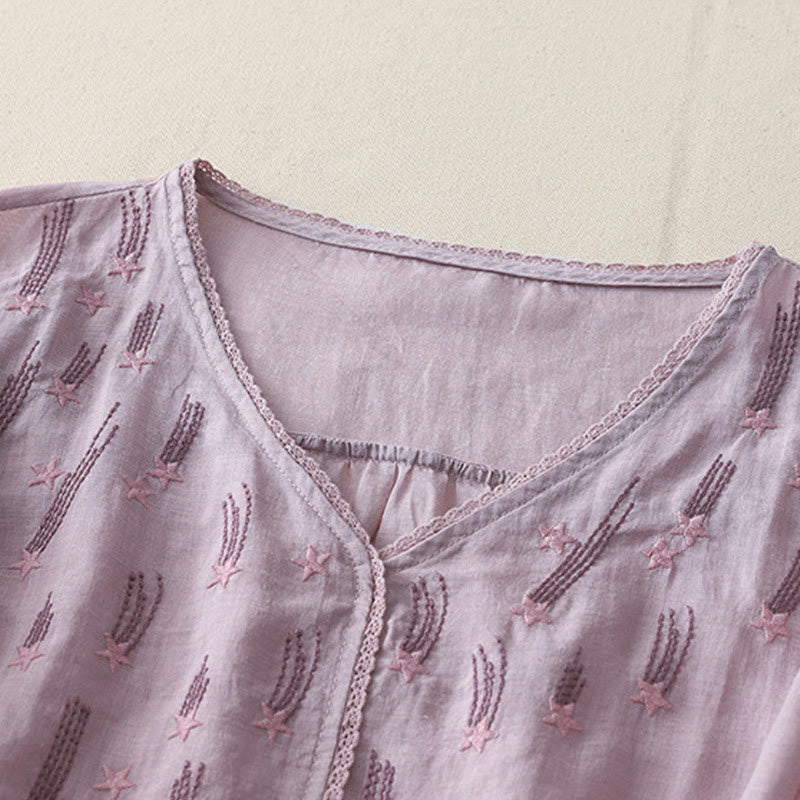 Koszula damska z haftem „Buddha Stones” z dekoltem w serek i krótkim rękawem, wykonana z bawełny i lnu - image 1