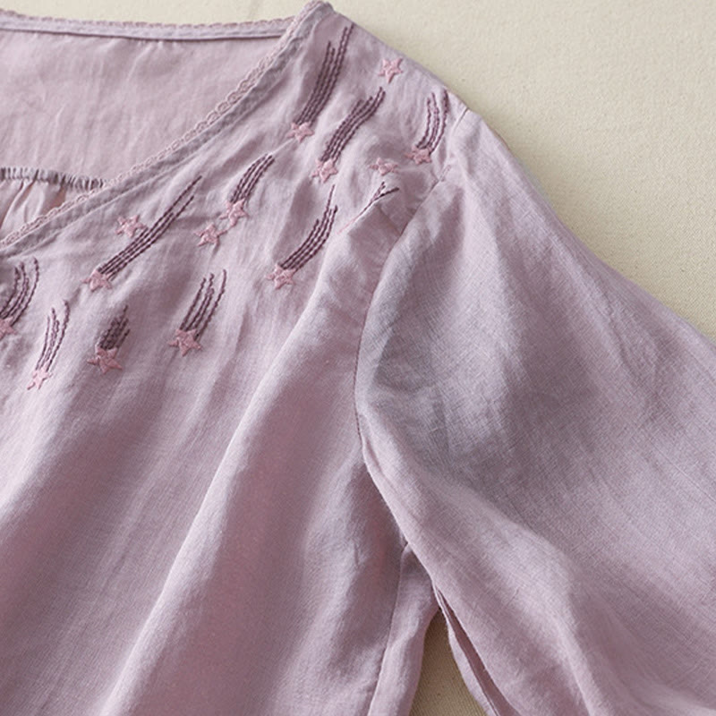 Koszula damska z haftem „Buddha Stones” z dekoltem w serek i krótkim rękawem, wykonana z bawełny i lnu