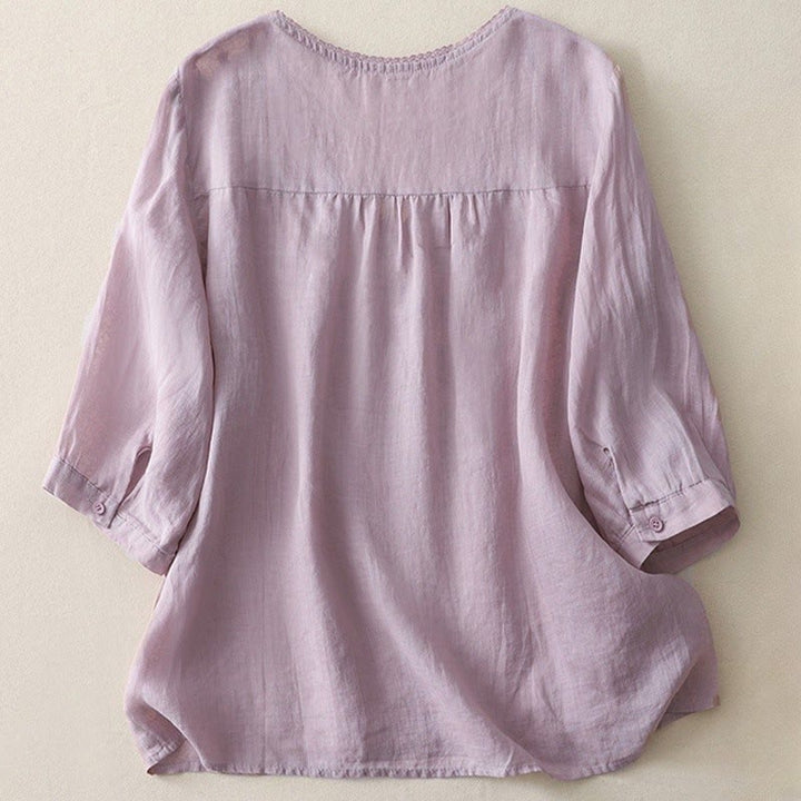 Koszula damska z haftem „Buddha Stones” z dekoltem w serek i krótkim rękawem, wykonana z bawełny i lnu - image 2