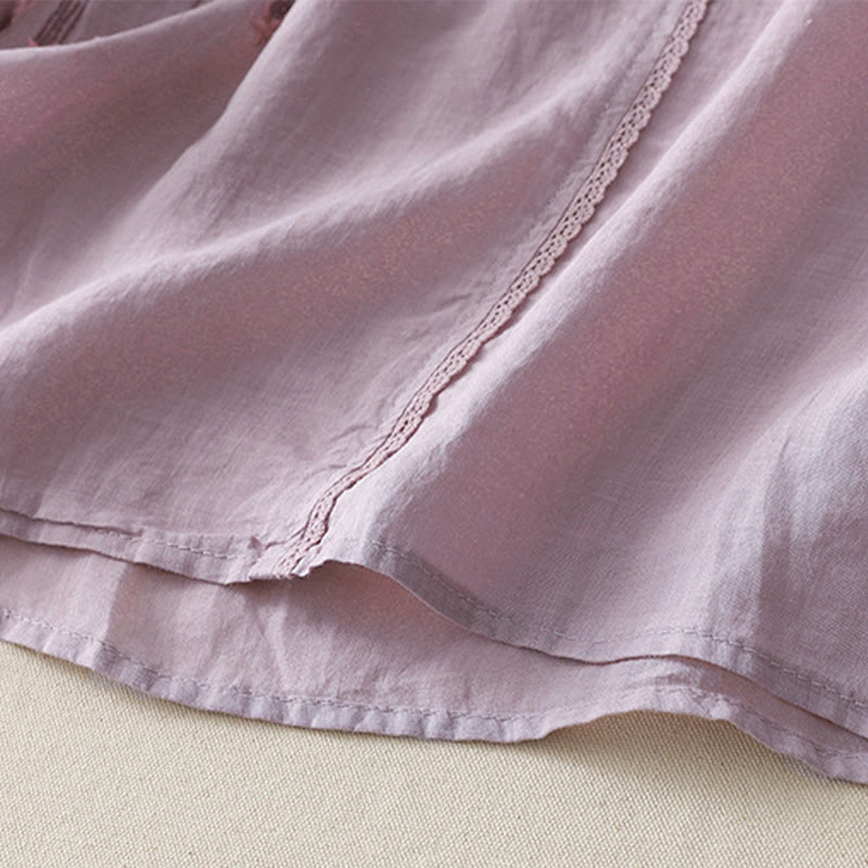 Koszula damska z haftem „Buddha Stones” z dekoltem w serek i krótkim rękawem, wykonana z bawełny i lnu