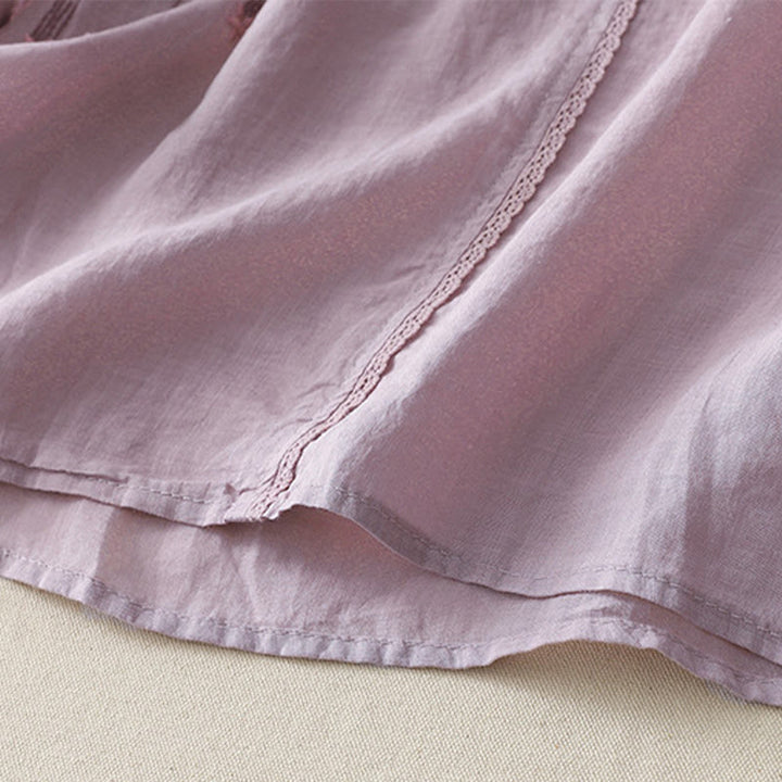 Koszula damska z haftem „Buddha Stones” z dekoltem w serek i krótkim rękawem, wykonana z bawełny i lnu