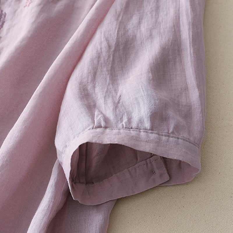 Koszula damska z haftem „Buddha Stones” z dekoltem w serek i krótkim rękawem, wykonana z bawełny i lnu - image 3