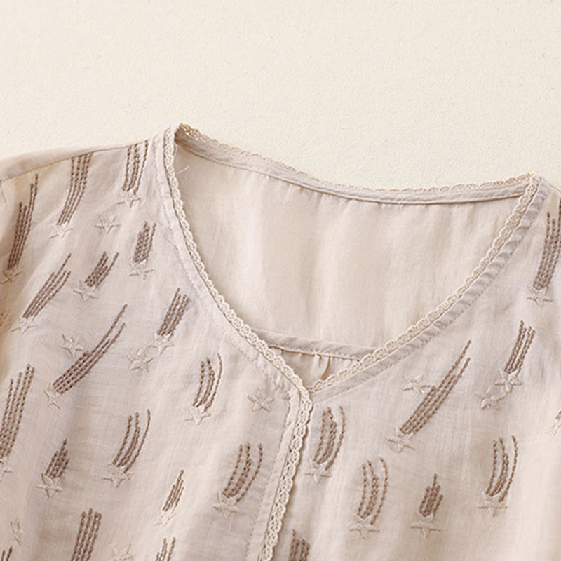 Koszula damska z haftem „Buddha Stones” z dekoltem w serek i krótkim rękawem, wykonana z bawełny i lnu - image 18