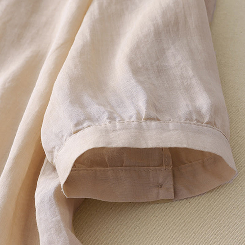 Koszula damska z haftem „Buddha Stones” z dekoltem w serek i krótkim rękawem, wykonana z bawełny i lnu