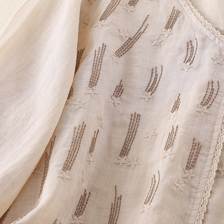 Koszula damska z haftem „Buddha Stones” z dekoltem w serek i krótkim rękawem, wykonana z bawełny i lnu