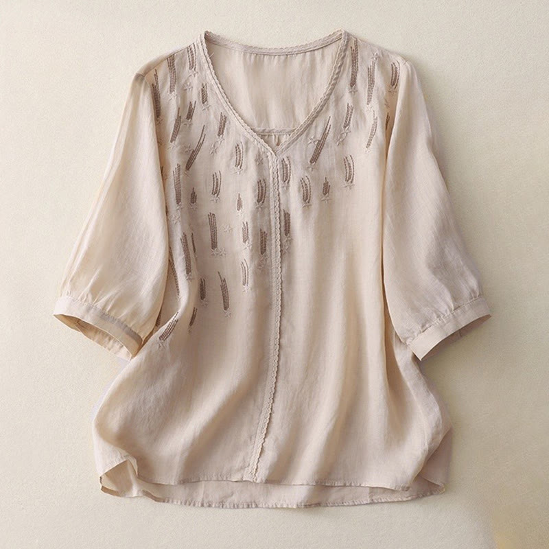 Koszula damska z haftem „Buddha Stones” z dekoltem w serek i krótkim rękawem, wykonana z bawełny i lnu - Beżowy - US8-10，UK/AU12-14，EU40-42 (2XL) - image 14