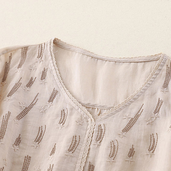 Koszula damska z haftem „Buddha Stones” z dekoltem w serek i krótkim rękawem, wykonana z bawełny i lnu