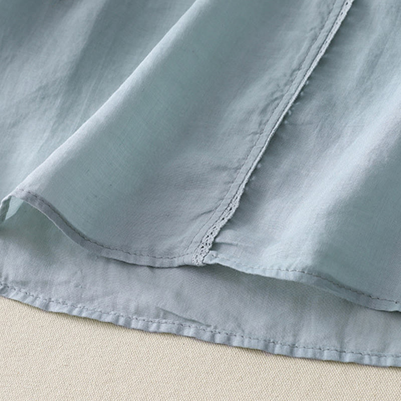 Koszula damska z haftem „Buddha Stones” z dekoltem w serek i krótkim rękawem, wykonana z bawełny i lnu