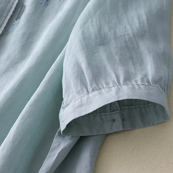 Koszula damska z haftem „Buddha Stones” z dekoltem w serek i krótkim rękawem, wykonana z bawełny i lnu