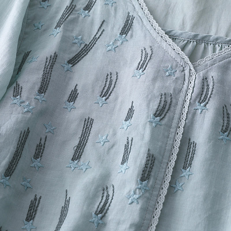 Koszula damska z haftem „Buddha Stones” z dekoltem w serek i krótkim rękawem, wykonana z bawełny i lnu