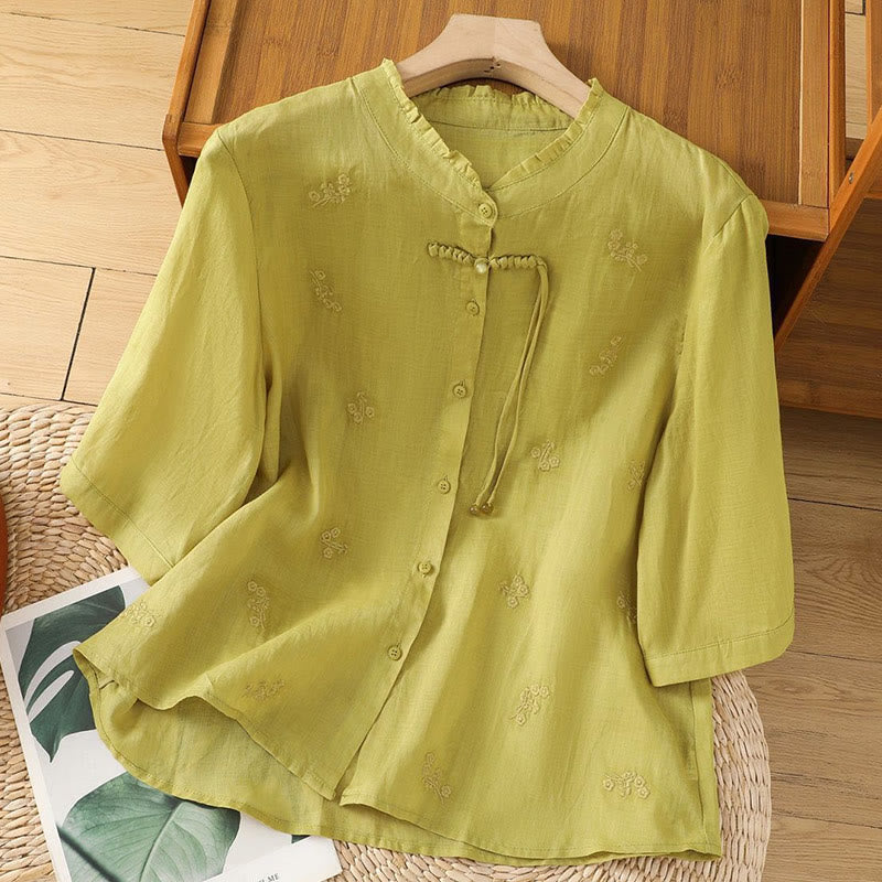 Koszula damska z haftowanymi kwiatami Buddha Stones Casual z trzema czwartymi rękawami bawełniana - Khaki - US12, UK/AU16, EU44 (3XL) - image 0
