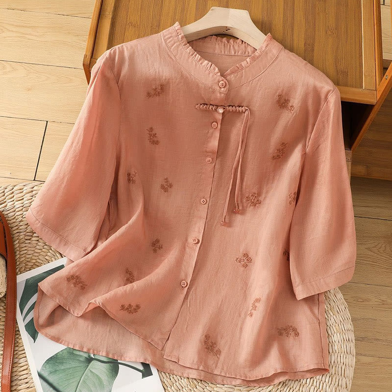 Koszula damska z haftowanymi kwiatami Buddha Stones Casual z trzema czwartymi rękawami bawełniana - LightSalmon - US12, UK/AU16, EU44 (3XL) - image 10