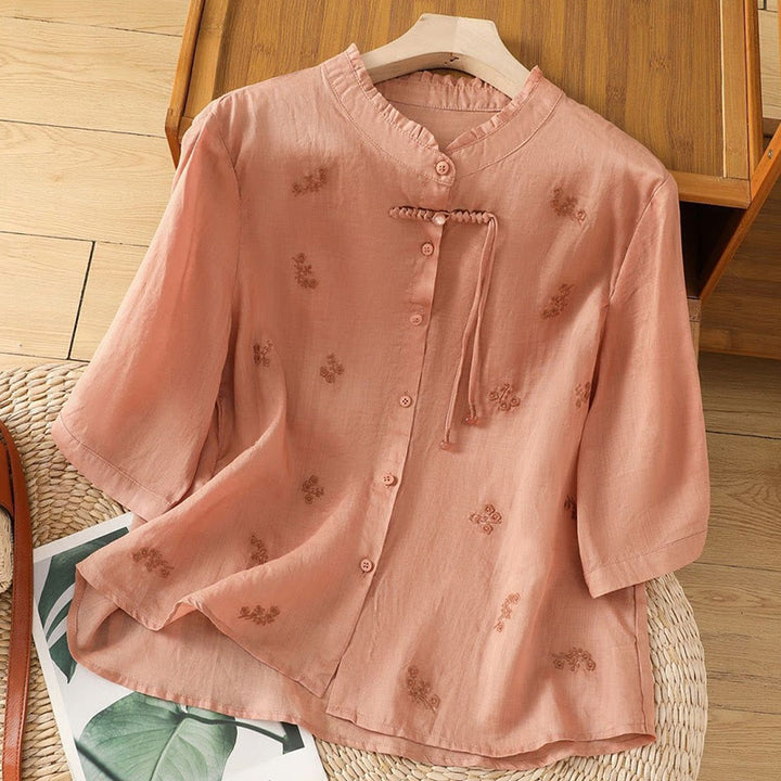 Koszula damska z haftowanymi kwiatami Buddha Stones Casual z trzema czwartymi rękawami bawełniana - LightSalmon - US12, UK/AU16, EU44 (3XL) - image 10