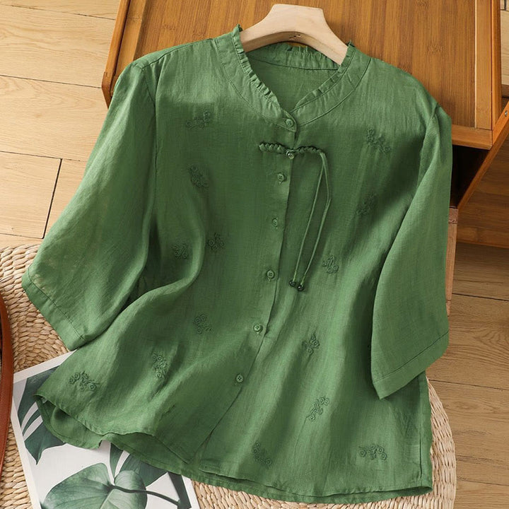 Koszula damska z haftowanymi kwiatami Buddha Stones Casual z trzema czwartymi rękawami bawełniana - SeaGreen - US12, UK/AU16, EU44 (3XL) - image 11