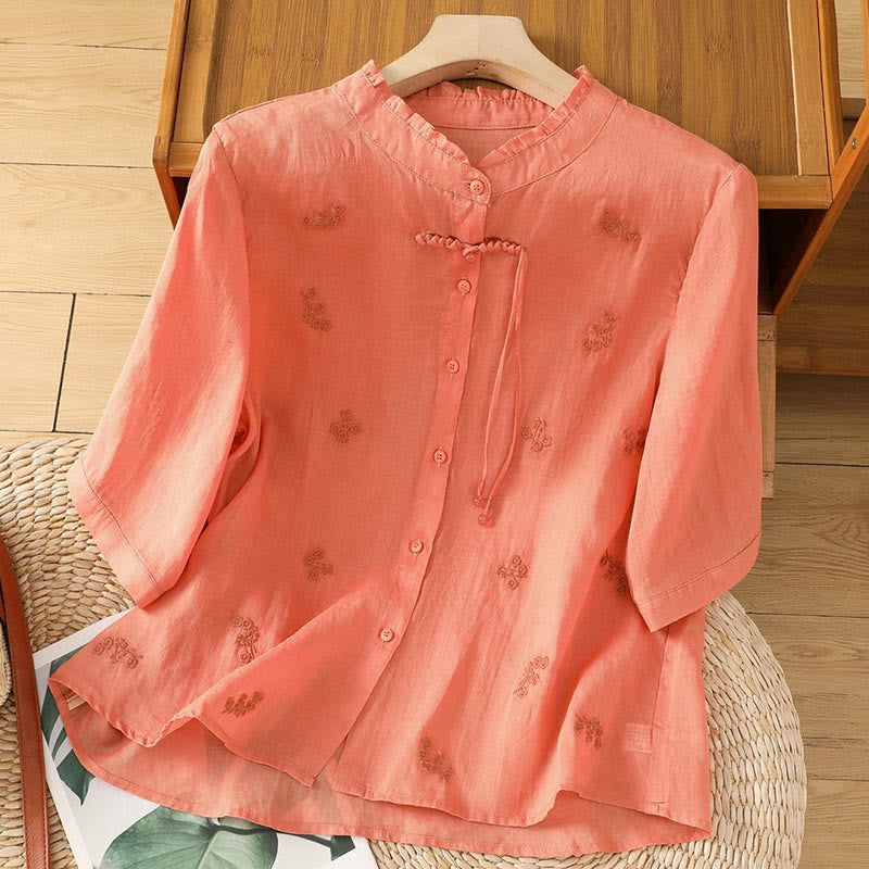 Koszula damska z haftowanymi kwiatami Buddha Stones Casual z trzema czwartymi rękawami bawełniana - Koral - US12, UK/AU16, EU44 (3XL) - image 9