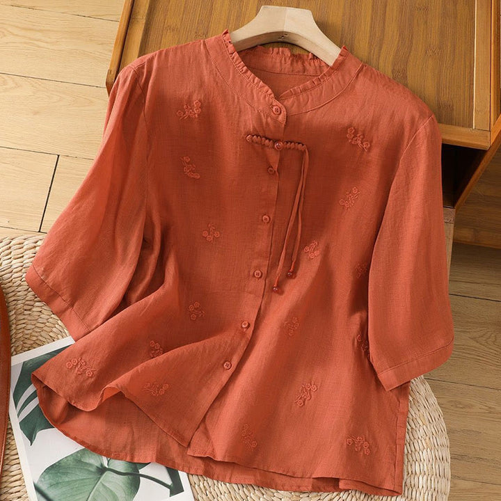 Koszula damska z haftowanymi kwiatami Buddha Stones Casual z trzema czwartymi rękawami bawełniana - Czekolada - US12, UK/AU16, EU44 (3XL) - image 13