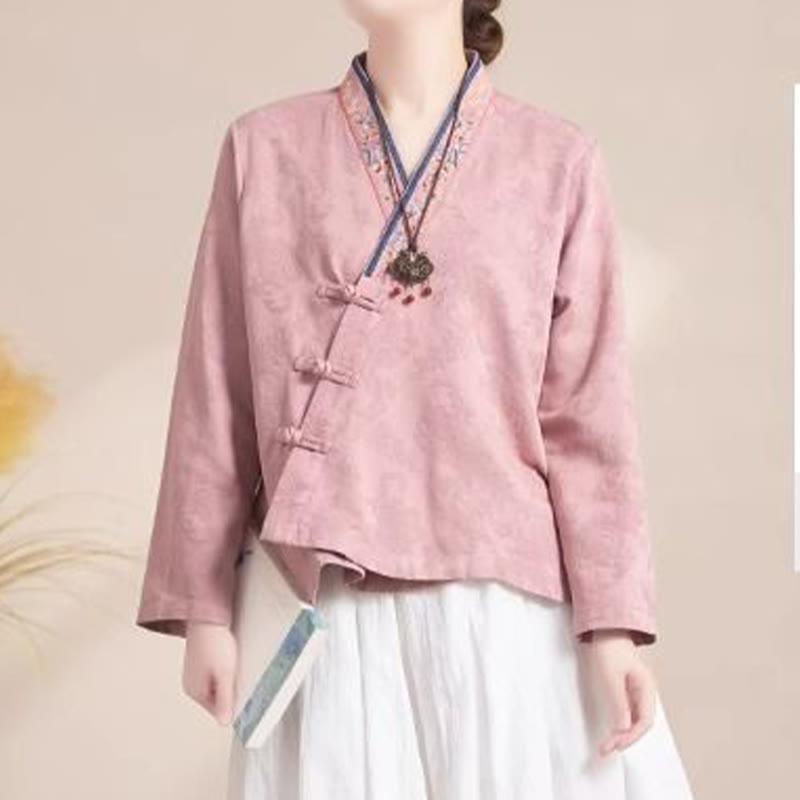 Buddha Stones Haftowane Kwiaty Trawa Żaba-Guzik Długa Koszulka Damska Bawełniana Z Długim Rękawem - image 2