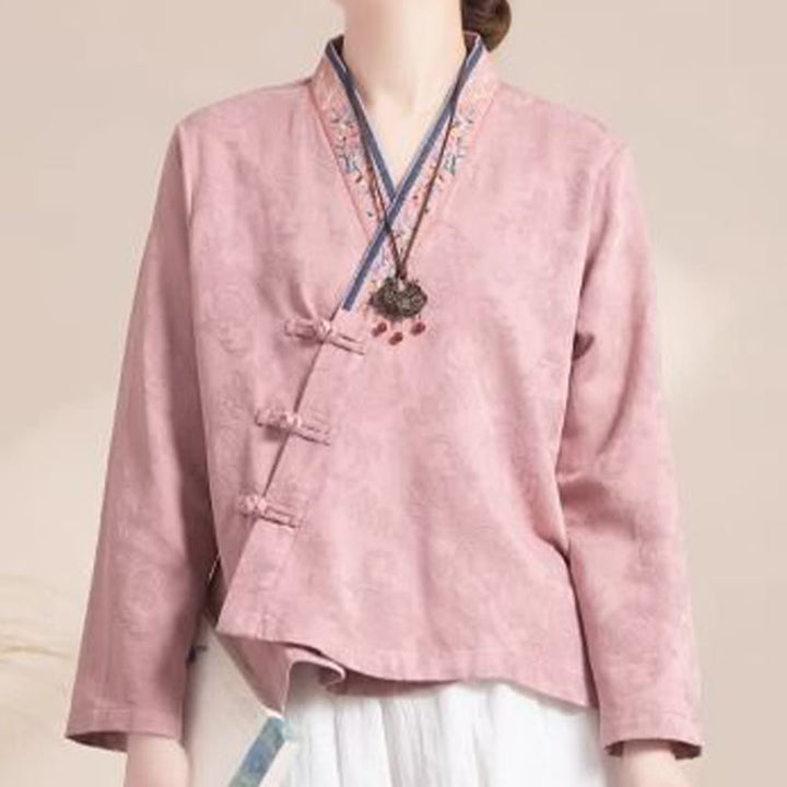 Buddha Stones Haftowane Kwiaty Trawa Żaba-Guzik Długa Koszulka Damska Bawełniana Z Długim Rękawem - image 5