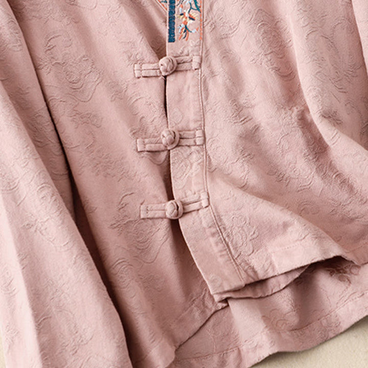 Buddha Stones Haftowane Kwiaty Trawa Żaba-Guzik Długa Koszulka Damska Bawełniana Z Długim Rękawem - image 11