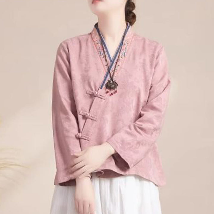 Buddha Stones Haftowane Kwiaty Trawa Żaba-Guzik Długa Koszulka Damska Bawełniana Z Długim Rękawem - Różowy - US12, UK/AU16, EU44 (3XL) - image 0