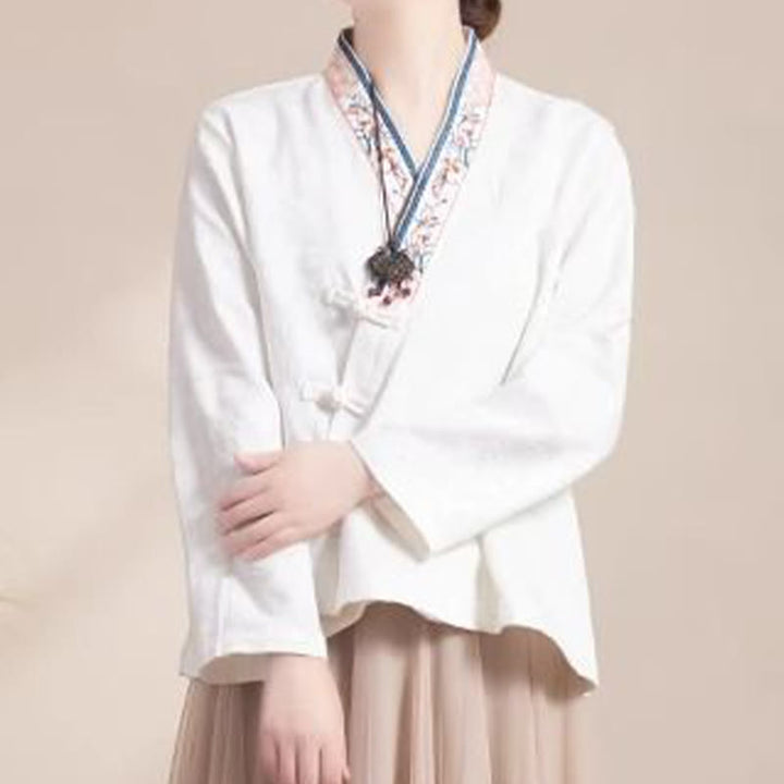 Buddha Stones Haftowane Kwiaty Trawa Żaba-Guzik Długa Koszulka Damska Bawełniana Z Długim Rękawem - Biały - US12, UK/AU16, EU44 (3XL) - image 13