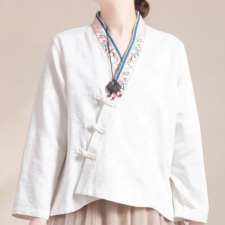 Buddha Stones Haftowane Kwiaty Trawa Żaba-Guzik Długa Koszulka Damska Bawełniana Z Długim Rękawem - image 16