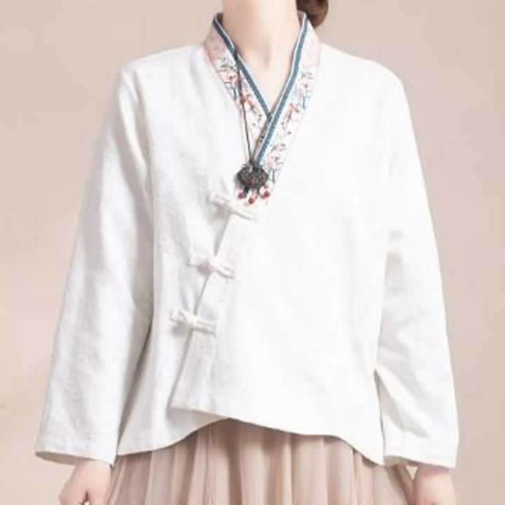 Buddha Stones Haftowane Kwiaty Trawa Żaba-Guzik Długa Koszulka Damska Bawełniana Z Długim Rękawem - image 15