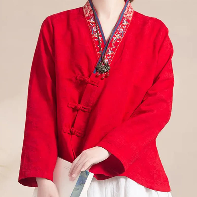 Buddha Stones Haftowane Kwiaty Trawa Żaba-Guzik Długa Koszulka Damska Bawełniana Z Długim Rękawem - image 19