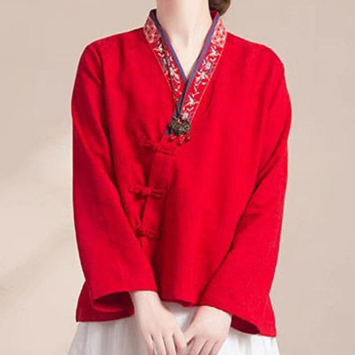 Buddha Stones Haftowane Kwiaty Trawa Żaba-Guzik Długa Koszulka Damska Bawełniana Z Długim Rękawem - image 18