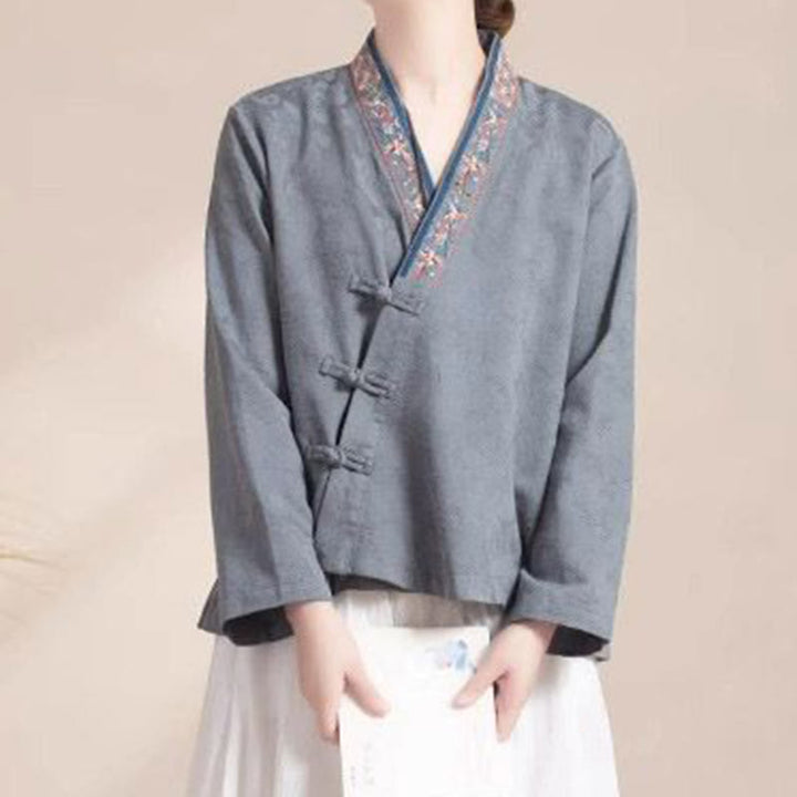 Buddha Stones Haftowane Kwiaty Trawa Żaba-Guzik Długa Koszulka Damska Bawełniana Z Długim Rękawem - image 21