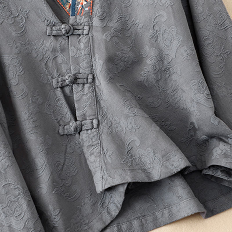 Buddha Stones Haftowane Kwiaty Trawa Żaba-Guzik Długa Koszulka Damska Bawełniana Z Długim Rękawem - image 23