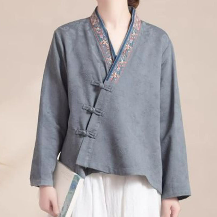 Buddha Stones Haftowane Kwiaty Trawa Żaba-Guzik Długa Koszulka Damska Bawełniana Z Długim Rękawem - image 22