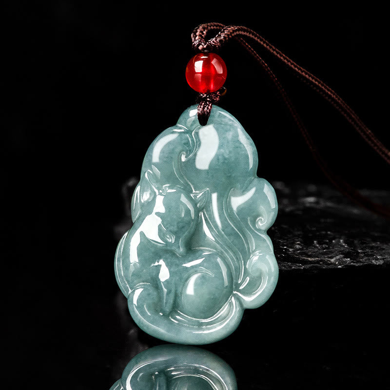 Buddha Stones Naturalny Zielony Jade Dziewięcioogonowy Lis Wróżka Naszyjnik Wisiorek Dobrobyt