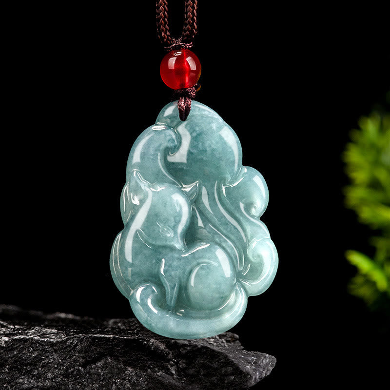 Buddha Stones Naturalny Zielony Jade Dziewięcioogonowy Lis Wróżka Naszyjnik Wisiorek Dobrobyt