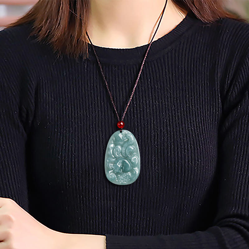 Buddha Stones Naturalny Zielony Jade Dziewięcioogonowy Lis Kwiaty Naszyjnik Szczęścia Wisiorek