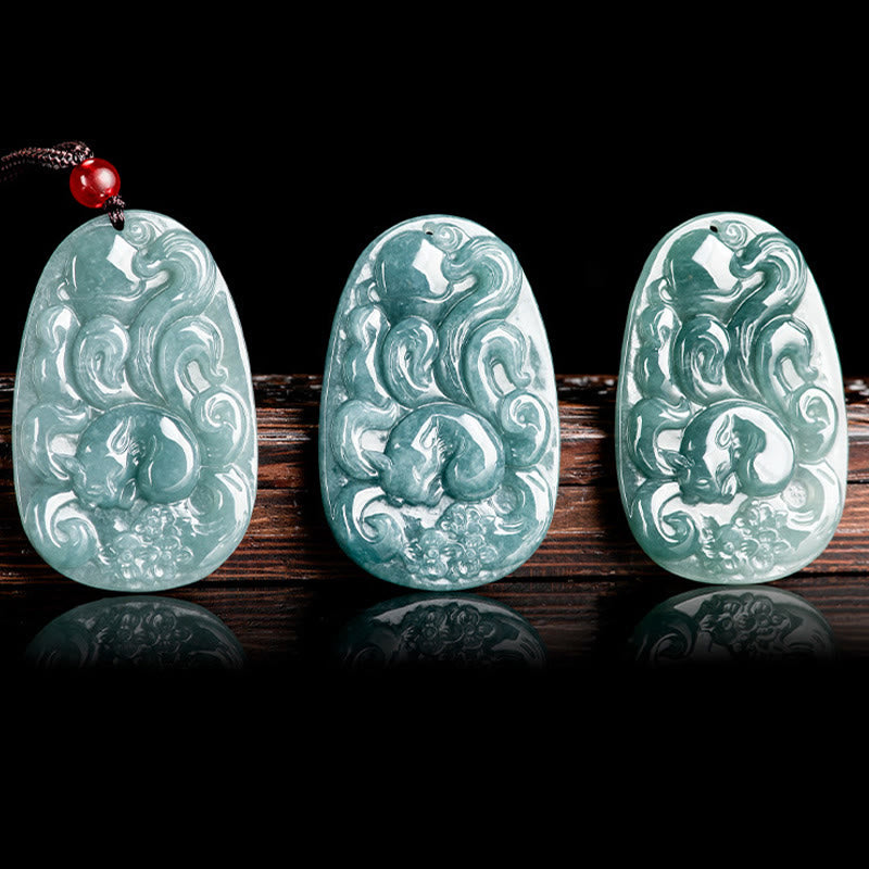 Buddha Stones Naturalny Zielony Jade Dziewięcioogonowy Lis Kwiaty Naszyjnik Szczęścia Wisiorek