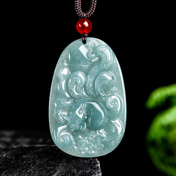 Buddha Stones Naturalny Zielony Jade Dziewięcioogonowy Lis Kwiaty Naszyjnik Szczęścia Wisiorek