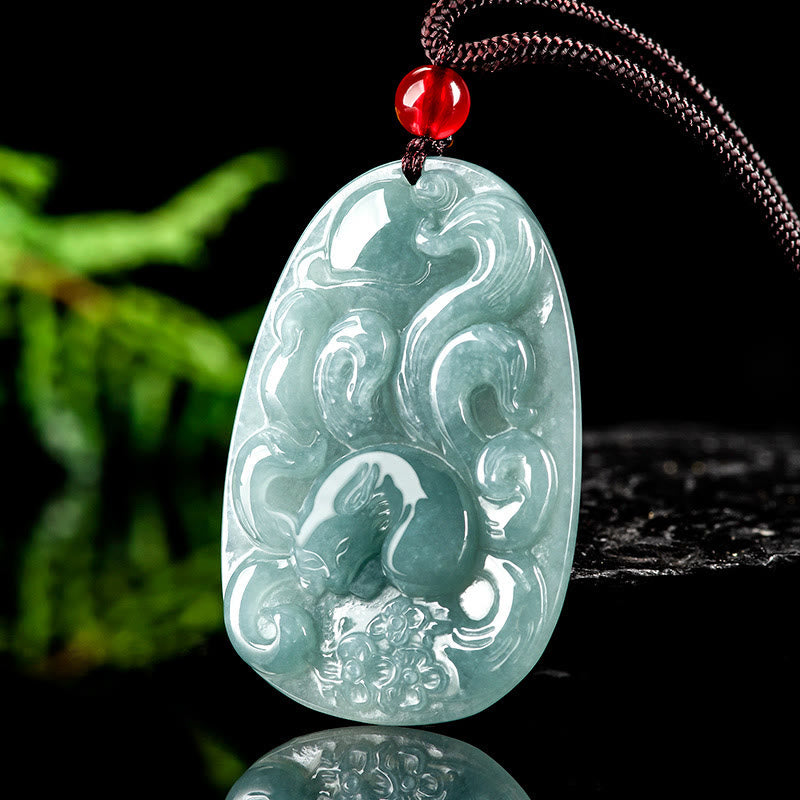 Buddha Stones Naturalny Zielony Jade Dziewięcioogonowy Lis Kwiaty Naszyjnik Szczęścia Wisiorek